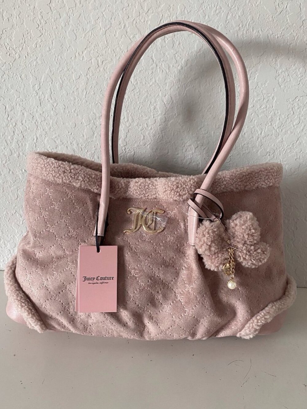 Juicy Couture Cozy Crew Tote Dusty Blush Pink Faux Fur Trim Handbag W/Charm NEW